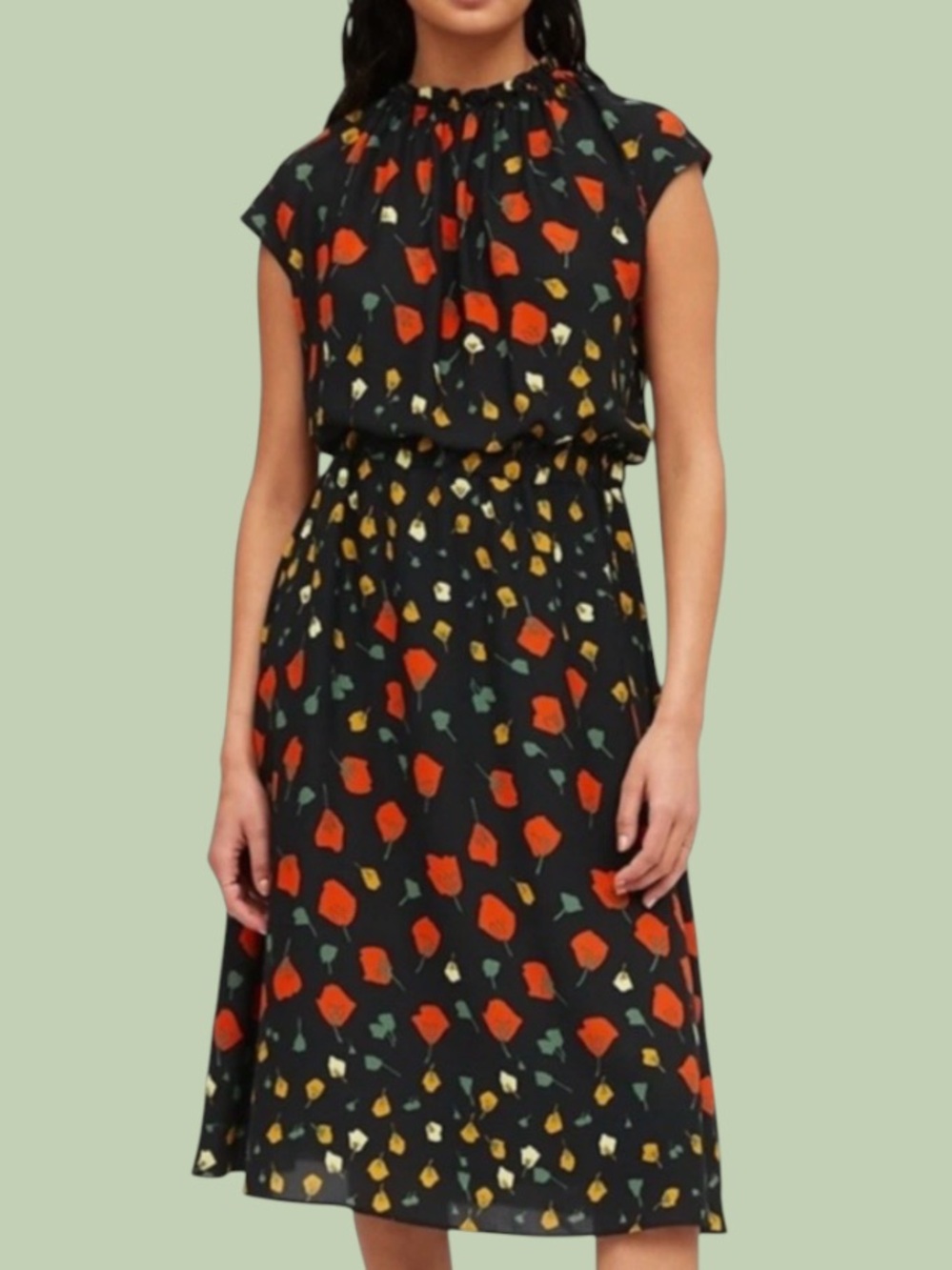 🔥BANANA REPUBLIC! “CALIFORNIA POPPY” BLACK FLORAL PRINT MIDI-DRESS!